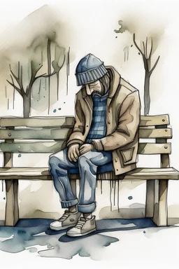 Watercolored crying man sitting on a bench