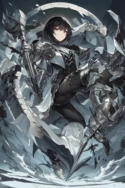 Anime girl with short black hair and sharp green eyes holding a sinister spear, full body black and white metal plate armour, full body shot, Dark lighting,1woman, soaked in blood,Warrior