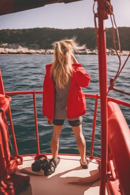 23 years old girl, with blond hair and a messy bun. standing on in a red boat, wearing red clothes and looking trough binoculars watching something in the middle of the sea. You see the whole boat