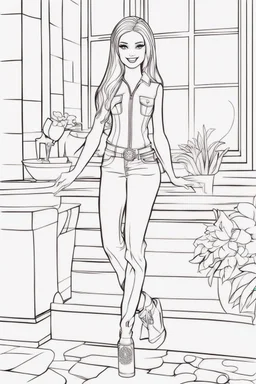 outline art for kids barbie coloring pages with barbie with pants, no background, sketch style, full body, only use outline, mandala style, clean line art, white background, no shadows and clear and well outlined. should look exactly like barbie