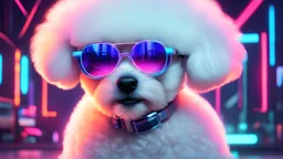 An adorable little white poodle is reimagined in a neon cyberpunk setting, exuding a futuristic and technologically advanced vibe. The poodle dons stylish mirrored sunglasses, exuding a cool and stylish aura. This visually striking image is a digital painting that expertly combines elements of cuteness and futurism. The poodle's fluffy white fur contrasts beautifully with the vibrant, glowing neon lights of the cyberpunk backdrop, creating a truly captivating and high-quality piece of art. Sing