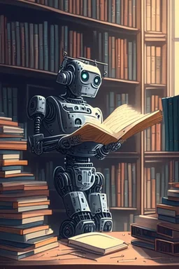 The library is serviced by computers, and there are many books on the shelves. The robot sits at the table and searches for books in the catalog in the computer Expression. High-quality drawing, 8K