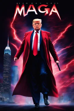 movie poster - "MAGA MAN" - Donald Trump as 'Maga Man,' Extremely Muscular, Skintight, formfitting, crimson suit, blue cape, silver boots, multicolored Lightning, Multicolored vortex, neon lit futuristic cityscape, mist, fog, speed, extremely overexaggerated musculature,