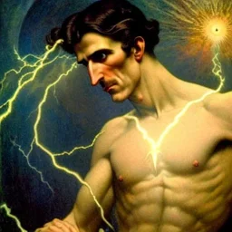 Nikola tesla, highly detailed face, surrounded by lightning bolts in the style of tom bagshaw, alphonse mucha, gaston bussiere, cyberpunk. anatomically correct elegant body. extremely lush detail. masterpiece. melancholic scene infected by night. perfect composition and lightning. sharp focus. high contrast lush surrealistic photorealism.