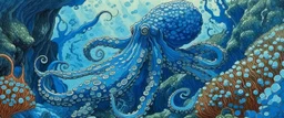 A blue underwater reef with an octopus painted by Katsushika Hokusai