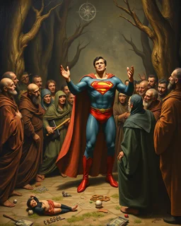 Bosch painting style ,nightmare, a group of people from the 2nd century gathering around a Superman surprised