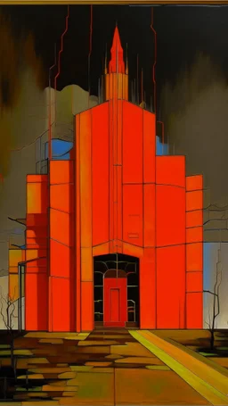 An orange colored lightning temple painted by Piet Mondrian