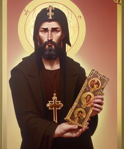 orthodox old icon with saint, patron of photographers. he is holding a camera in one hand and 35mm film in the other. Cyrillic inscriptions are the names of photographic brands. hyperdetailed, Alphonse Mucha, Zdzisław Beksiński, poster, illustration, ink, oil on canvas, 18th century atlas