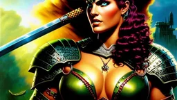 portrait oil on canvas, beautiful punk busty female Barbarian Warrior,green eyes, ,minimal armor,comic book cover, mystical colors,insanely detailed,realistic,intrincate detail, 16k resolution, masterpiece,Frank Frazetta,Alex Horley, Simon Bisley