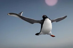 penguin flying in the sky with his two wings