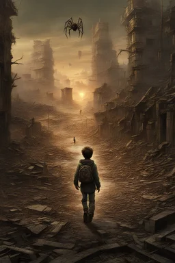 A boy runs through the ruins of a city from a huge spider, Hopelessness, longing and painful expectation of the inevitable, post-apocalypse, by Luis Royo & Atelier Olschinsky