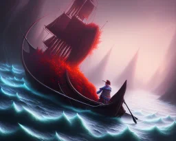 sango fantasy, fantasy magic, intricate, sharp focus, illustration, highly detailed, digital painting, concept art, matte, Greek mythology Charon ferryman in boat on river styx, sharp jagged rocks, red purple blue colours, red hot lava river