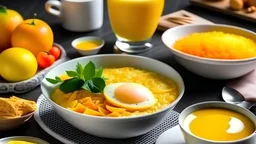 Breakfast served with coffee, orange juice, scrambled eggs, cereals, ham and cheese.