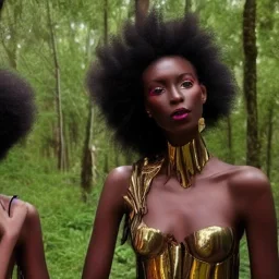 Female Twins only, black skin, tall and slender, long afro kinky hair,big eyes, warrior wear. Gold accents on clothing. Surround by trees