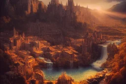 beautiful waterfall between lush mountains in the sunset casting rays of light into medieval city below, highly detailed, baroque, brutalist architecture, sharp focus, artgerm, cgsociety, desaturated by syd mead