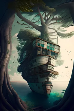 A ship in the house, above them, the sea and the trees.