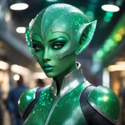 In the bustling corridors of the Intergalactic Bazaar, the figure of a green galactic female alien, her skin shimmering with iridescent green. Her eyes, large and multifaceted like precious gemstones, sparkle with a mischievous glint. Clad in a sleek silver suit that hugs her slender form, she moves with a grace that is otherworldly, her movements fluid and elegant. The suit seems to be woven from strands of liquid mercury, reflecting the ambient light in dazzling patterns that dance across its