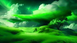 Phantasy landscape with dramatic cloud in spring green color