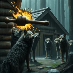 one large hammer breaks the wall of the wooden house. A group of anthropomorphic wolves react in surprise in the background other anthropomorphic wolves watch the scene unfold with expressions of shock and with surprise faces. high realistic, detailed,dark fantasy mood, rain, cinematic
