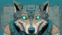 Robotic wolf looking at the camera, comic style