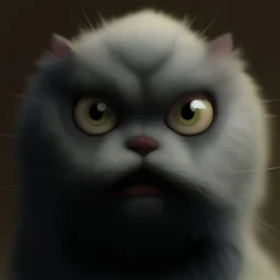 Gato furioso, extremadamente gordo, supergordo, cabeza muy pequeña, orejas pequeñas, bigotes largos, piel peluda, calidad ultra, hiperdetallado, hiperrealista, arte digital, cabeza muy pequeña, 8k 3D