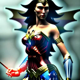 Wonder woman battles a insect, futuristic design, rain in background, close-up face, geometric armor, 3d unreal engine, close up armor, fine detail, lovely face, cyber parts, parts are hollow