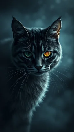 ,surrealism of the dark of a nightmare , hyper photorealistic, hyper detailed bright art color, high resolution, fog, octane render, tilt shift, HDRI Environment, all pictures dark gray, sad cat face