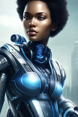 portrait,beautiful african robot, post-apocalyptic in a cyberpunk city, realistic, intriacte detail, sci-fi fantasy style, volumetric lighting, particales,highly detailed,cinamatic, deep