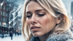 double exposure, beautiful blonde woman crying, double exposure, winter city, photorealism, 3d, 64k, high resolution, hyperrealism, f/16, 1/300 s.