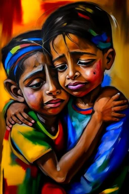 a girl hug her brother and both crying sadly, expressionism, Pixar style, in abstract art Basquiat, Picasso, Miro, Kandinsky, Klee, Birell, Fairey, Ardon, Buffet and Picasso style, HD --s 750 --v 5.1 --style raw, water color