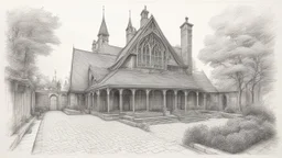 outline pencil sketch of a paved courtyard with a gothic house, tall crooked chimney, and roof