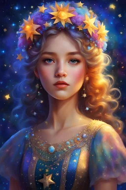 a girl in a dress with stars on her head, beautiful fantasy art portrait, beautiful fantasy portrait, colorfull digital fantasy art, by Victor Nizovtsev, stunning digital illustration, carlos ortega elizalde, anime girl with cosmic hair, very detailed digital painting, exquisite digital illustration, highly detailed digital painting, in stunning digital paint, beautiful fantasy painting