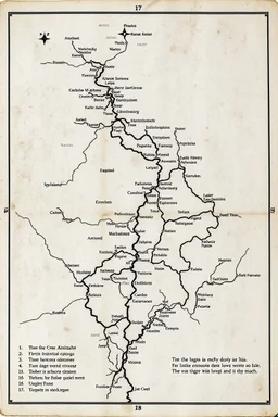 a scan of an ancient Cree Anishinaabe road map, printed black and white that has been been stained and weathered, text is in Cree Syllabic