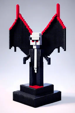 "VoxelVampire": Description: Vampire figure with voxel-style clothing, bat wings with pixelated texture, and a charming yet slightly mysterious expression. Pose: Elegant and confident pose, showcasing the vampire's personality. Accessories: Voxel-style clothing, bat wings with pixelated texture.