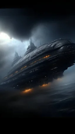 ,surrealism of the dark of a nightmare , hyper photorealistic, hyper detailed dark art color, high resolution, fog, octane render, tilt shift, HDRI Environment, all pictures dark gray, a very long cigar shape spaceship in the sky