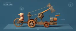 isometric blueprint of hi tech metal gear Gnome invention, winning prize at gnome convention, The Lumb-O-Tron A jury-rigged combination of a cart, pulley system, and an axe designed to chop down trees. The motion is powered by {a yoga pig in a wheel treadmill spurred by a carrot on a stick | a crude stationary bicycle | a tiny steam engine heated by a red pseudodragon in the chamber}