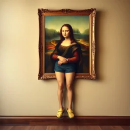 A painting of Mona Lisa on the wall, the frame with shorts and Crocs attached to her human legs