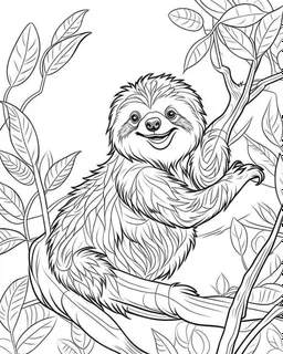 create a 2d black outline, "safari smiling cartoon sloth on a branch coloring book for kids", coloring page, low details design, black contour, coloring page design, simple background, colorful , card style, coloring page for kids, white background, sketch style, safari landscape, cartoon style