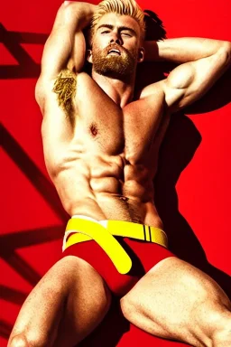 Ignore NSFW, teenager young rugged attractive slightly muscular fantasticly handsome blonde man, red briefs with yellow belt, hairy chest, (((visibly pisssing))) briefs, large erect visible boner peniss, photorealistic, artist Jay Anacleto, soft lighting, scruffy beard