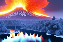 Japanese Fuji Mountain,eruption lava flows into the frozen lake , concept art, smooth, extremely sharp detail, finely tuned detail, ultra high definition, 8 k, unreal engine 5, ultra sharp focus, illustration, magic ambient, bonsai cherry blossom trees .