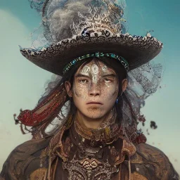 Insanely detailed photograph of an “portrait of a midevil cowboy god ” with intricate Sombrero, intricate embroidered charo, beautiful clear face and hyperdetailed painting by Ismail Inceoglu Huang Guangjian and Dan Witz CGSociety ZBrush Central fantasy art album cover art,8K, hdr, romantic, mysterious, ominous, cigar smoke, jewelry, comfort, natural eyes,naked,tasteful