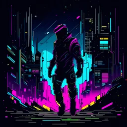 Vector illustration, Minimalistic, Digital illustration, a Little [Vintage tshirt print design (on a white background1.2), cyberpunk dreamscape, digital art of a pixelated warrior battling through a dystopian gaming world, (neon noir1.2), futuristic and edgy, reminiscent of classic RPGs.