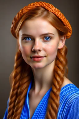 ultra realistic portrait of a young woman with a serene expression and delicate features. Her light brown hair is styled into a loose braid over one shoulder, and she wears a blue headband with orange floral patterns. She has clear, luminous skin and soft pale blue eyes that convey a gentle confidence. Her attire is casually elegant, with a relaxed blue denim garment. The lighting is soft and natural, enhancing the warmth and inviting quality of the portrait."