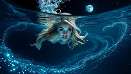 Airbrush, A slender, ethereal woman with cascading blonde hair and piercing sapphire-blue eyes dives into the velvety blackness of the ocean, surrounded by an otherworldly aura of bioluminescence that shimmers like a thousand tiny lanterns. Airbrush, The water around her sparkles with a mesmerizing glow, as if filled with stardust, with delicate, swirling patterns that evoke the shimmering beauty of the night sky. Stars and the moon hang low in the background, casting a silvery glow across the s