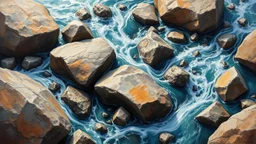 In this captivating image, rocks and water intertwine to create an enchanting dance of form and fluidity. Each rock, weathered and smoothed by time, complements the flowing waters like lines of poetry in a grand symphony of space. This exquisite painting captures the harmonious balance between solidity and fluidity, with every detail meticulously rendered in vibrant hues and intricate textures. The image evokes a sense of serenity and beauty, inviting viewers to lose themselves in the mesmerizin