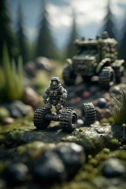 portrait of rock man in front of rock rocket on bumpy road in moist swamp planet , photo-realistic, shot on Hasselblad h6d-400c, zeiss prime lens, bokeh like f/0.8, tilt-shift lens 8k, high detail, smooth render, down-light, unreal eng