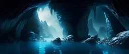 rocky cave . rocky cliff, , space. water , sci-fi.