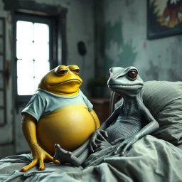 big fat large sad, yellow-green frog wearing a t-shirt, standing in an old, dilapidated room next to a bed. In the bed lies a pale gray, ancient and wrinkled lizard-medusa-frog mutant creature with two long tentacle arms, a large head, and big half-open black eyes with eyelashes. The blanket partially covers the creature. The frog gazes at the lizard creature, while the background is blurred, adding to the eerie atmosphere. The detailed, realistic rendering