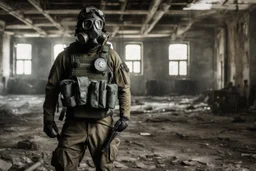 A hyper-realistic ,man in tactical military gear wearing a gas mask with the chaos insurgency symbol on the shoulder patch inside an abandoned research facility, Photo Real, HOF, full size, practicality,manufacturability,performance, (((realism, realistic, realphoto, photography, portrait, realistic, elegant, charming, apocalyptic environment, professional photographer, captured with professional DSLR camera, trending on Artstation, 64k, ultra de