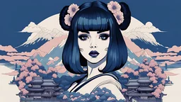 singer Melanie Martinez face, beautiful cyberpunk huge girl, hyperdetailed, illustration by Katsushika Hokusai, darkblue tones,